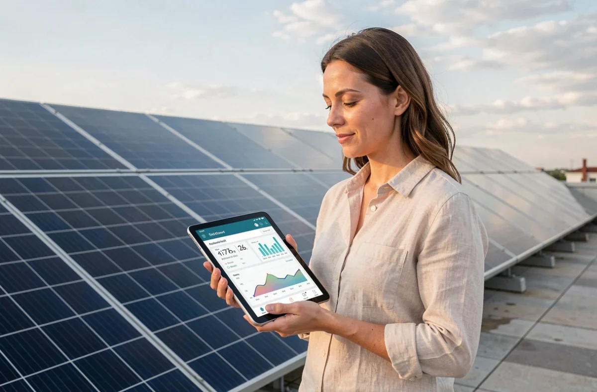 Femme vérifiant les données de production solaire sur tablette près de panneaux photovoltaïques installés sur un toit
