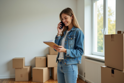 Femme souriante en denim parlant au téléphone dans un salon
