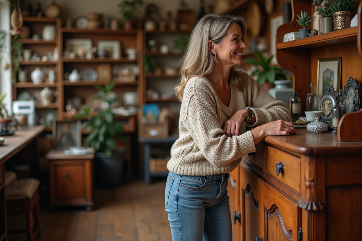 Femme examinant un meuble ancien dans une boutique vintage