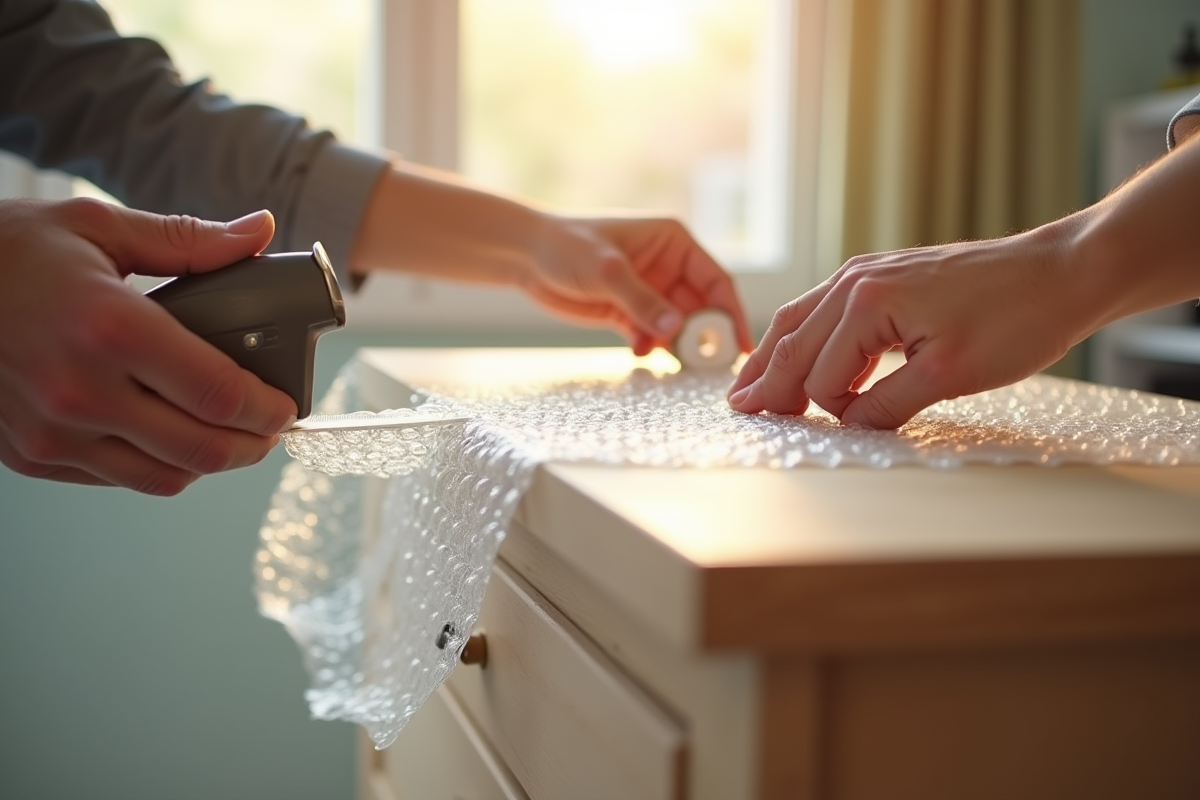 Mains fixant du papier bulle autour d
