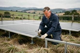 Technicien installant un système de fixation de panneaux solaires au sol sur un terrain rural avec structure métallique ancrée