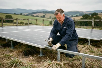Technicien installant un système de fixation de panneaux solaires au sol sur un terrain rural avec structure métallique ancrée