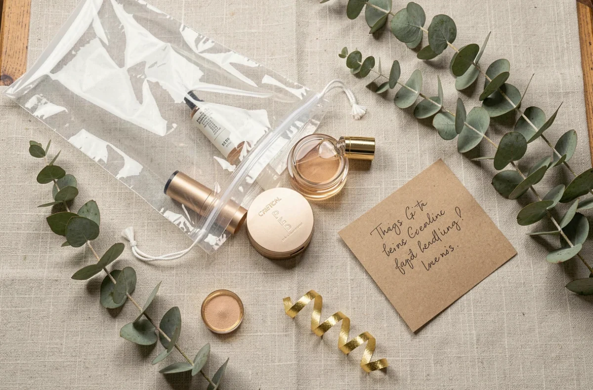Flat-lay d'un sac cadeau transparent ouvert avec des cosmétiques, flacons de parfum et accessoires dorés sur nappe en lin beige