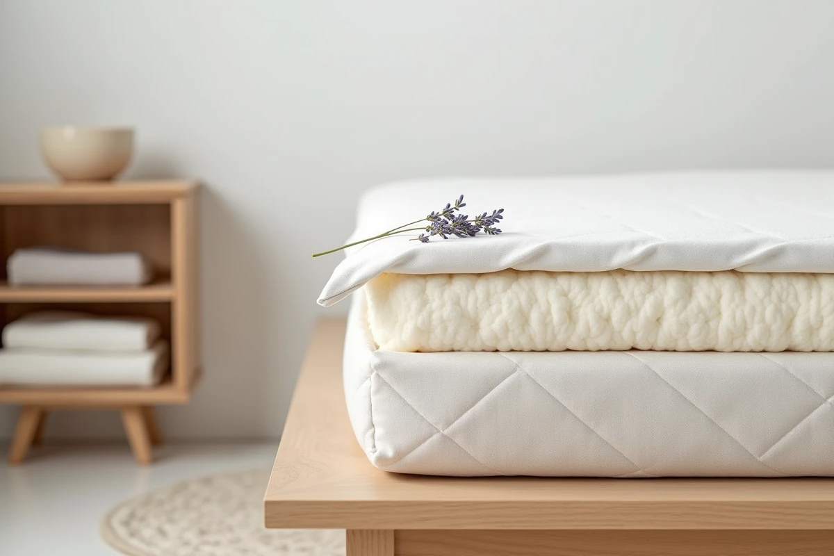 Gros plan sur les couches de matériaux naturels d'un futon matelas pliable, coton bio, latex naturel et chanvre, pour choisir un futon adapté aux personnes allergiques
