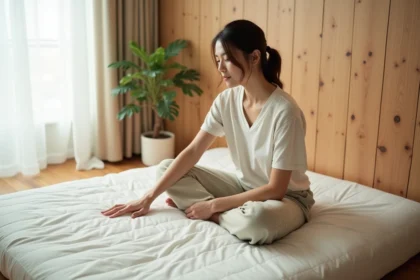 Femme assise sur un futon matelas pliable en coton naturel dans une chambre minimaliste, illustrant le choix de matériaux anti-allergènes pour mieux respirer