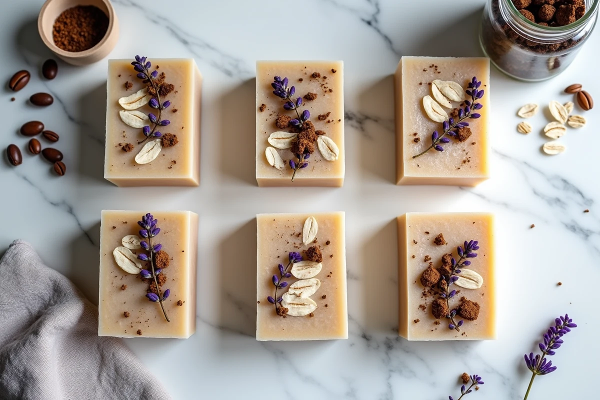 Vue de dessus de six galets de savon exfoliants faits maison avec café et lavande sur marbre blanc