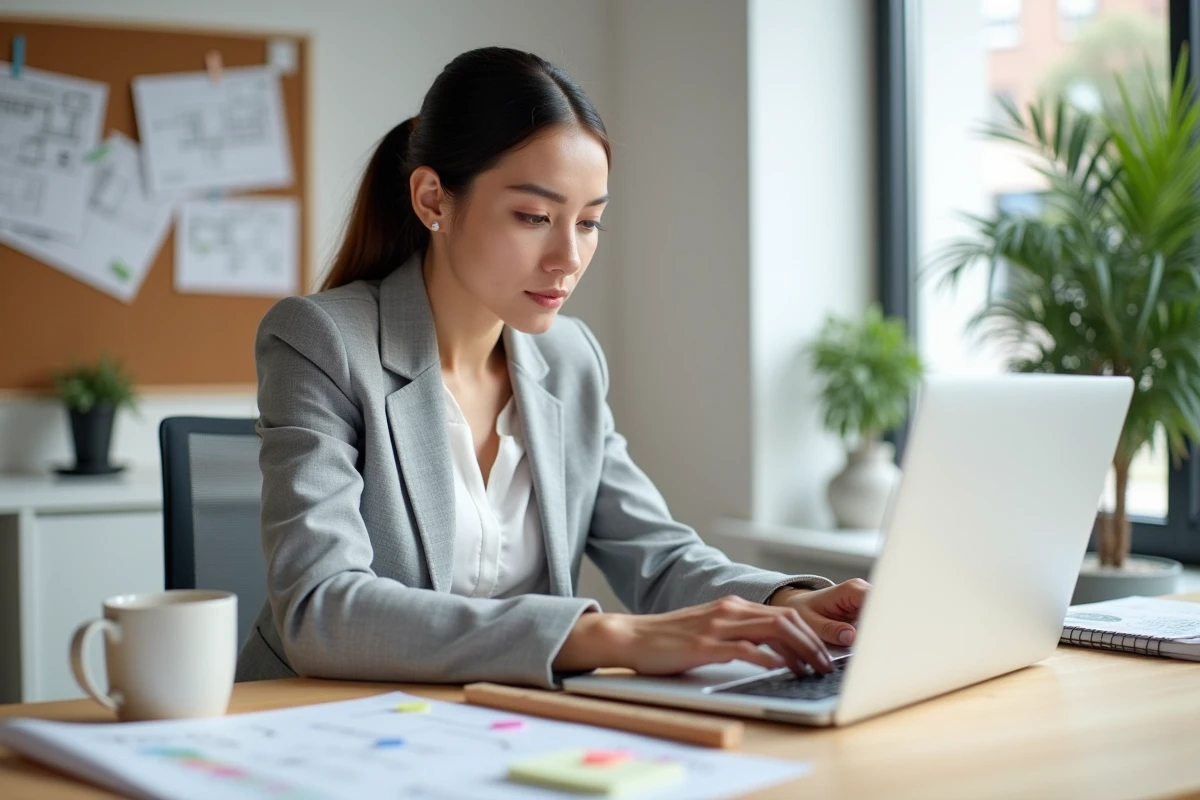 Professionnelle de la rénovation gérant un planning de chantier numérique sur ordinateur portable