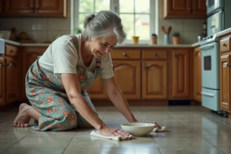 Grand-mère nettoyant un lino terne et collant avec une astuce maison dans une cuisine rétro