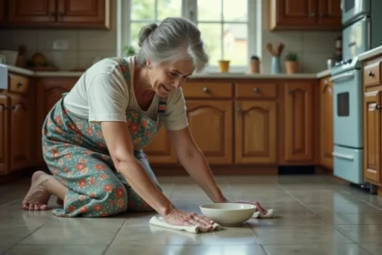 Grand-mère nettoyant un lino terne et collant avec une astuce maison dans une cuisine rétro
