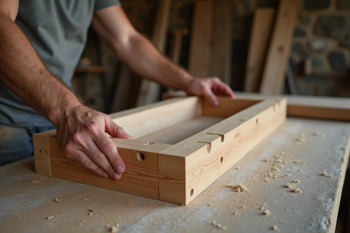 Gros plan sur l'assemblage tenon et mortaise en chêne, mains d'artisan ajustant le joint avec précision