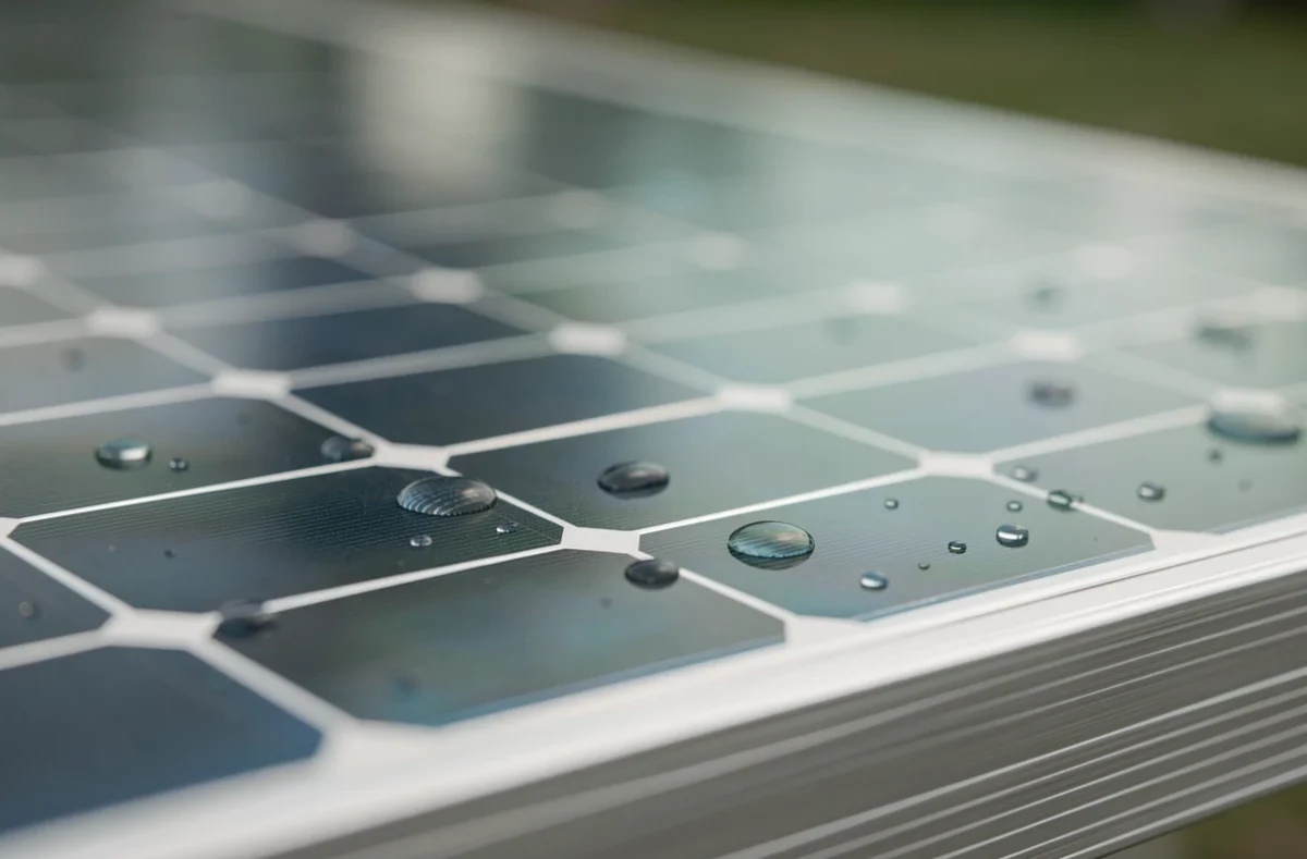 Gros plan sur la surface d'un panneau solaire monocristallin 600 watts montrant les cellules photovoltaïques et les bus-barres