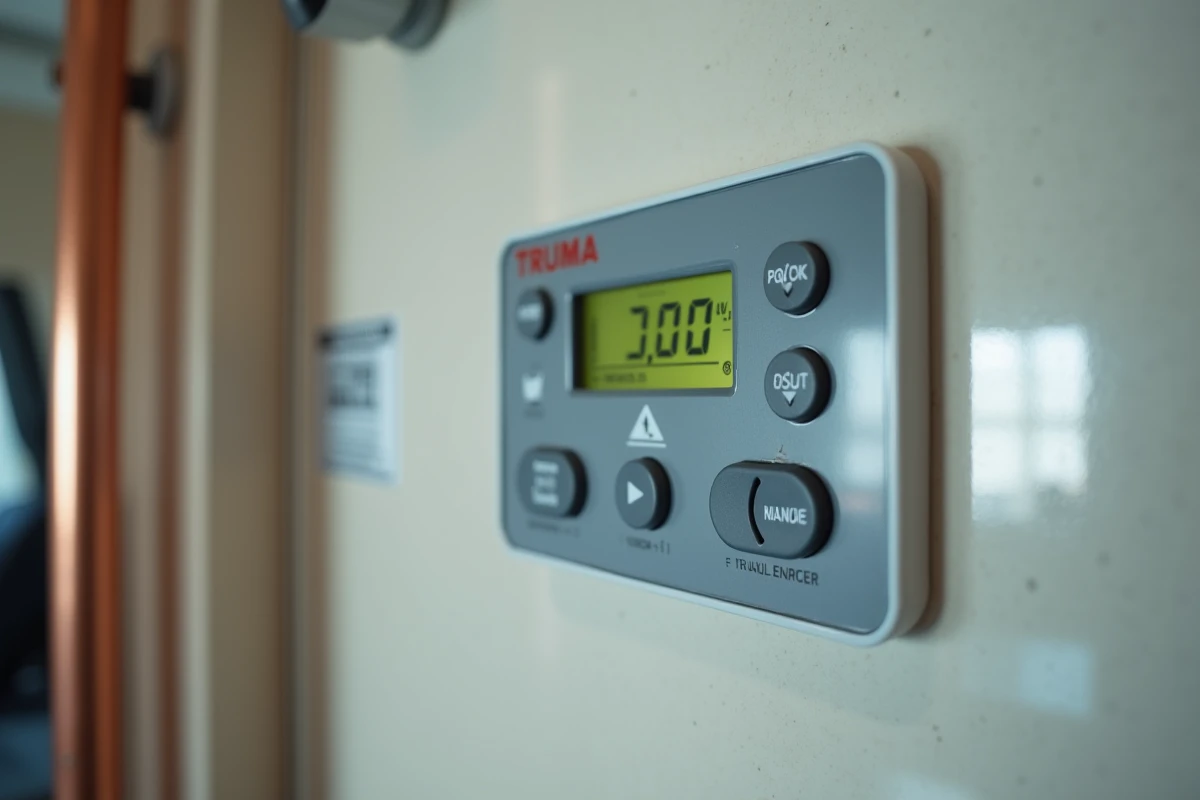 Gros plan sur l'écran LCD d'un Truma Combi 4 affichant un code erreur sur le panneau de contrôle d'un camping-car