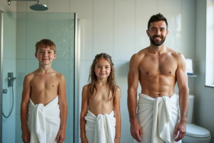 Trois personnes de différents âges dans une salle de bain moderne