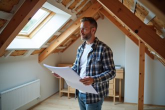 Homme d'âge moyen examinant des poutres en bois dans un grenier