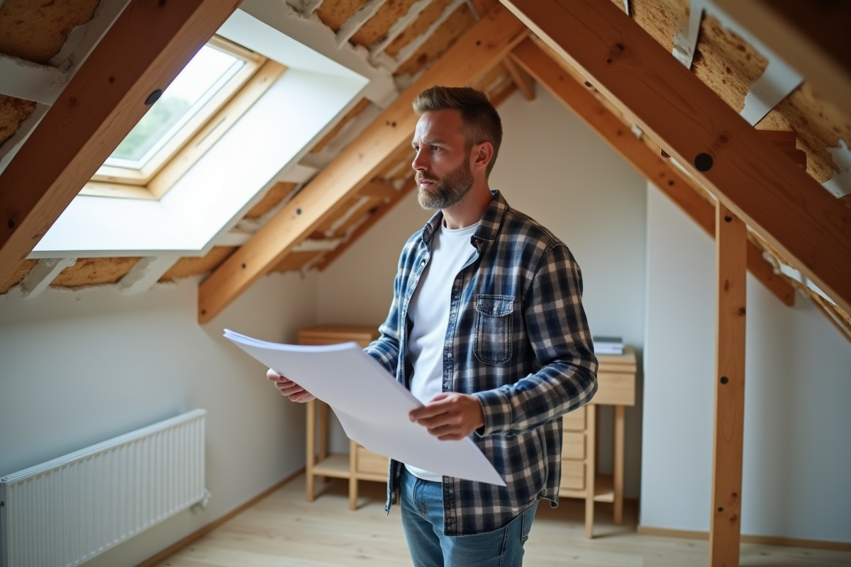 Homme d'âge moyen examinant des poutres en bois dans un grenier