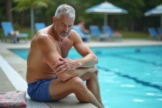 Homme d'âge moyen assis au bord de la piscine en maillot