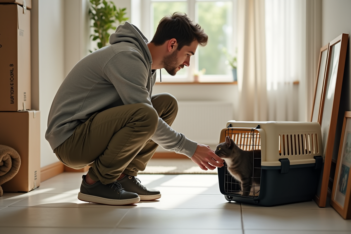 Jeune homme avec chat gris dans un couloir en déménagement