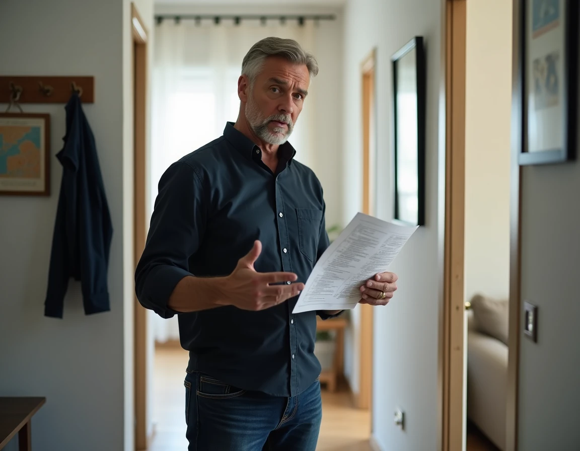 Homme tenant un contrat d'assurance habitation dans un couloir d'appartement avec une expression dubitative