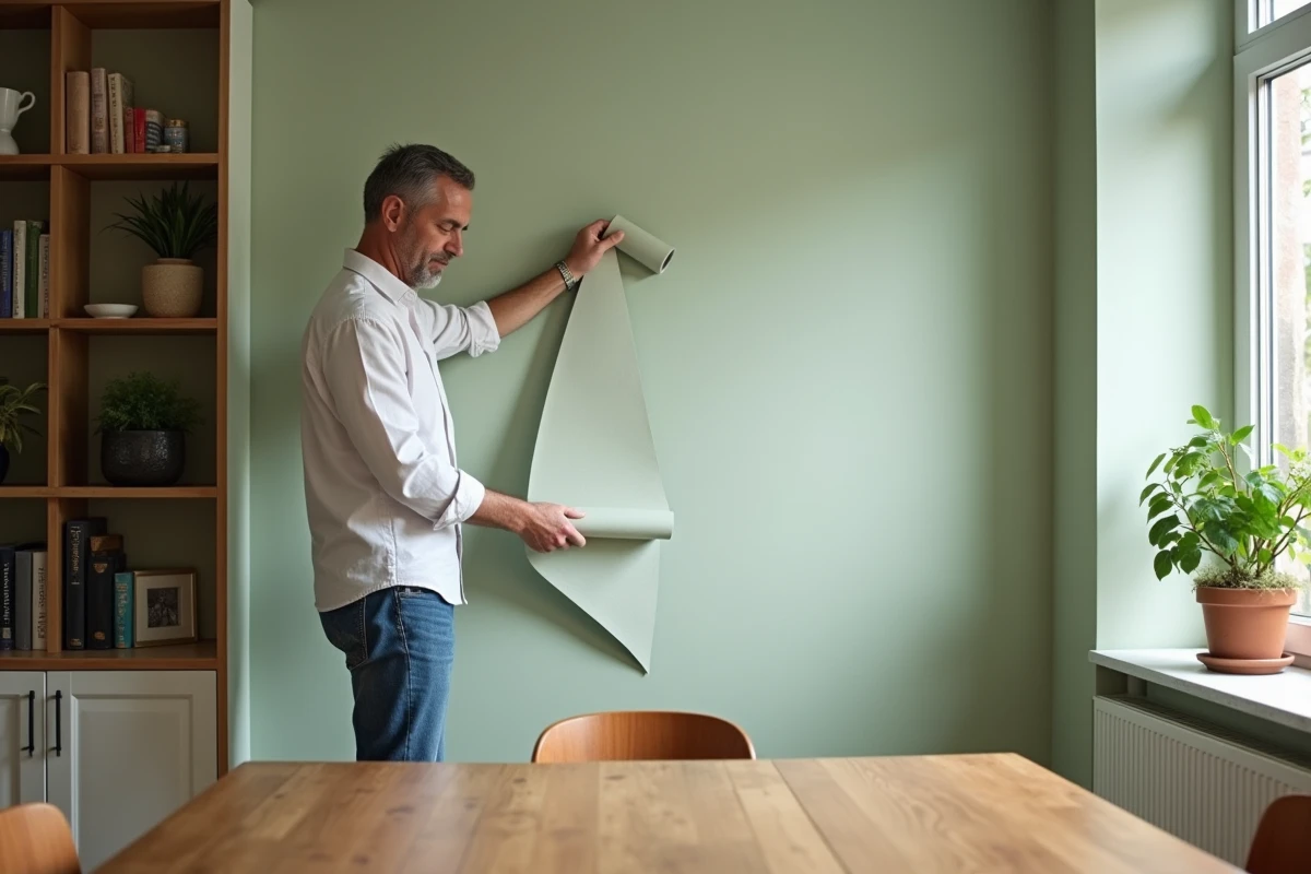 Homme posant un rouleau de papier peint vert dans une salle à manger chaleureuse