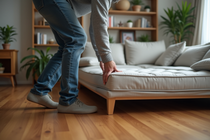 Homme d'âge moyen déplaçant un canapé en bois dans un salon moderne