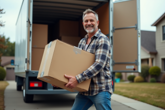 Homme d'âge moyen soulevant une caisse dans un camion de déménagement