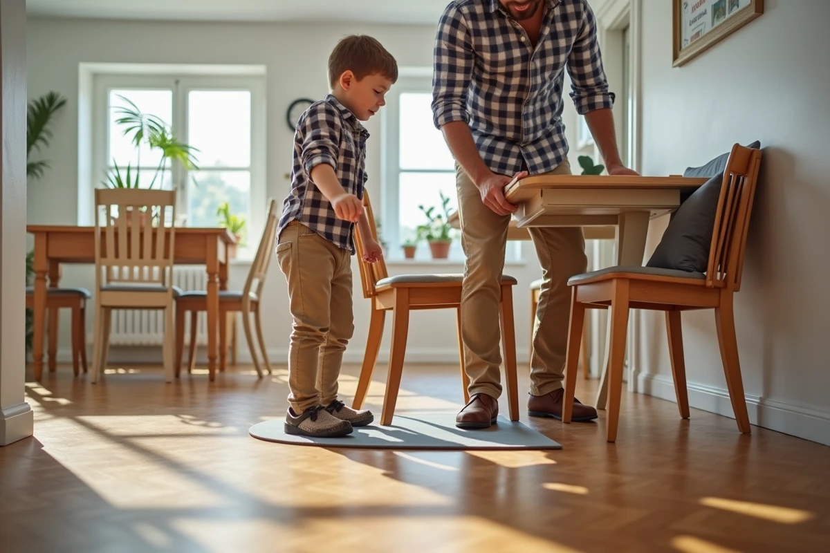Homme et enfant posant un tapis sous une chaise en parquet