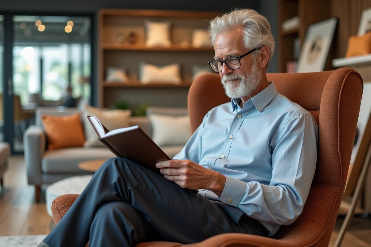 Homme âgé inspectant un catalogue de meubles