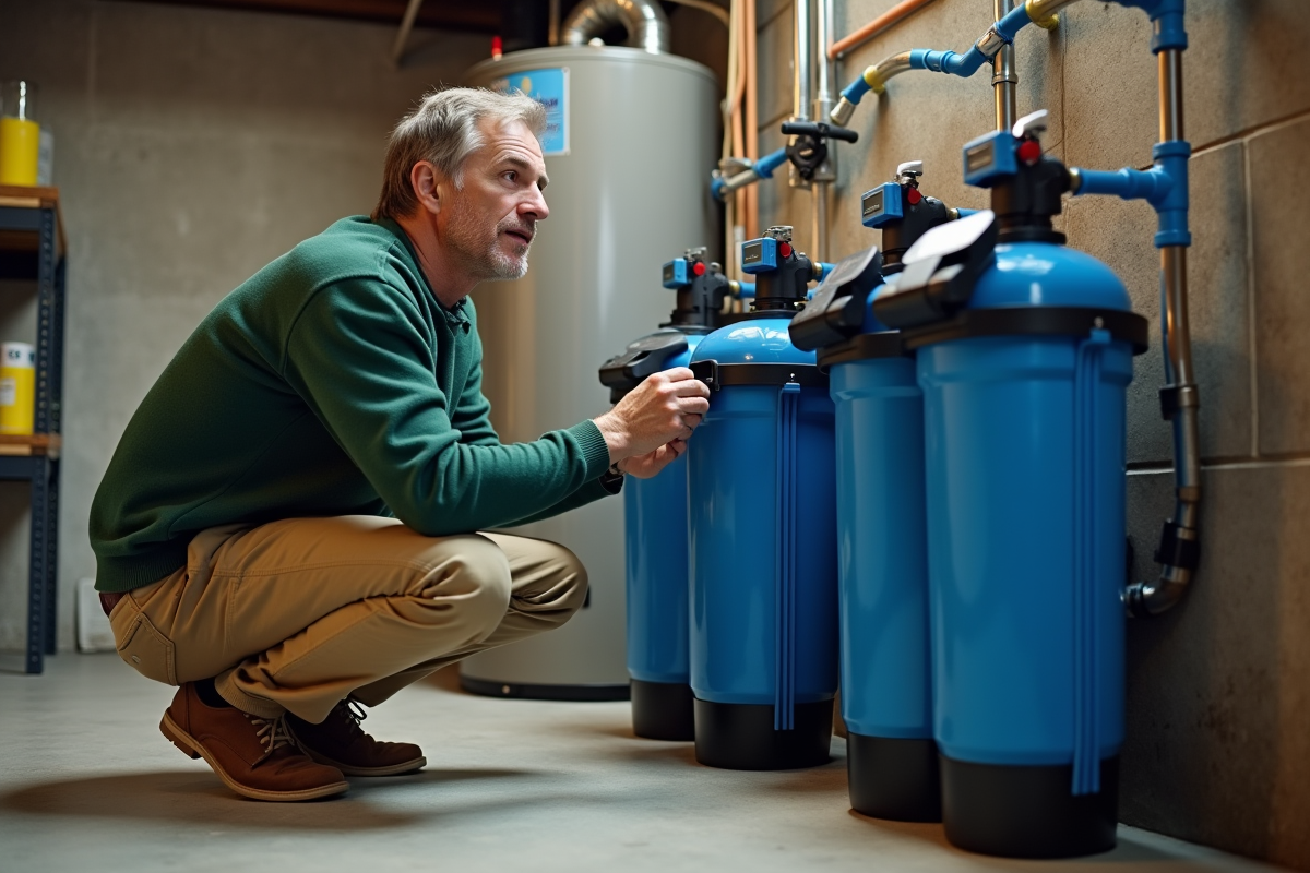 Homme vérifiant un systeme de filtration d
