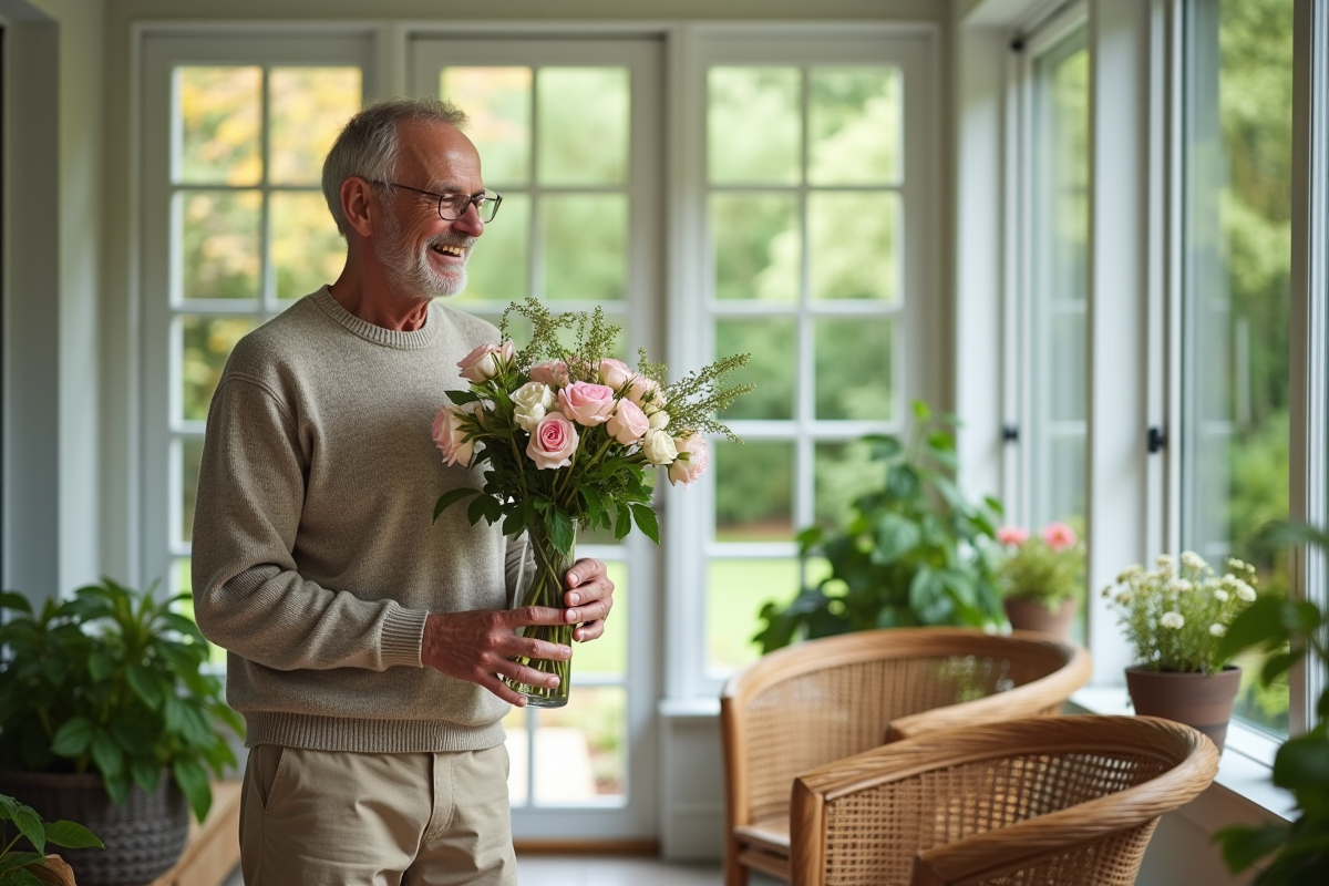 Homme arrangeant des fleurs dans une véranda lumineuse