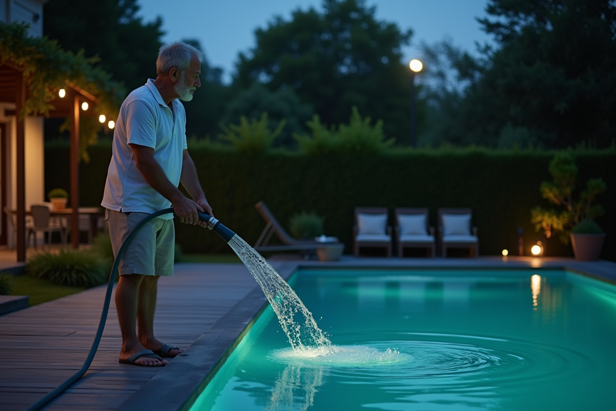 Homme d'âge moyen surveillant l'eau dans la piscine la nuit