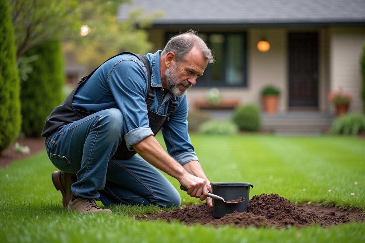 Homme d'âge moyen en plein jardinage dans un jardin vert