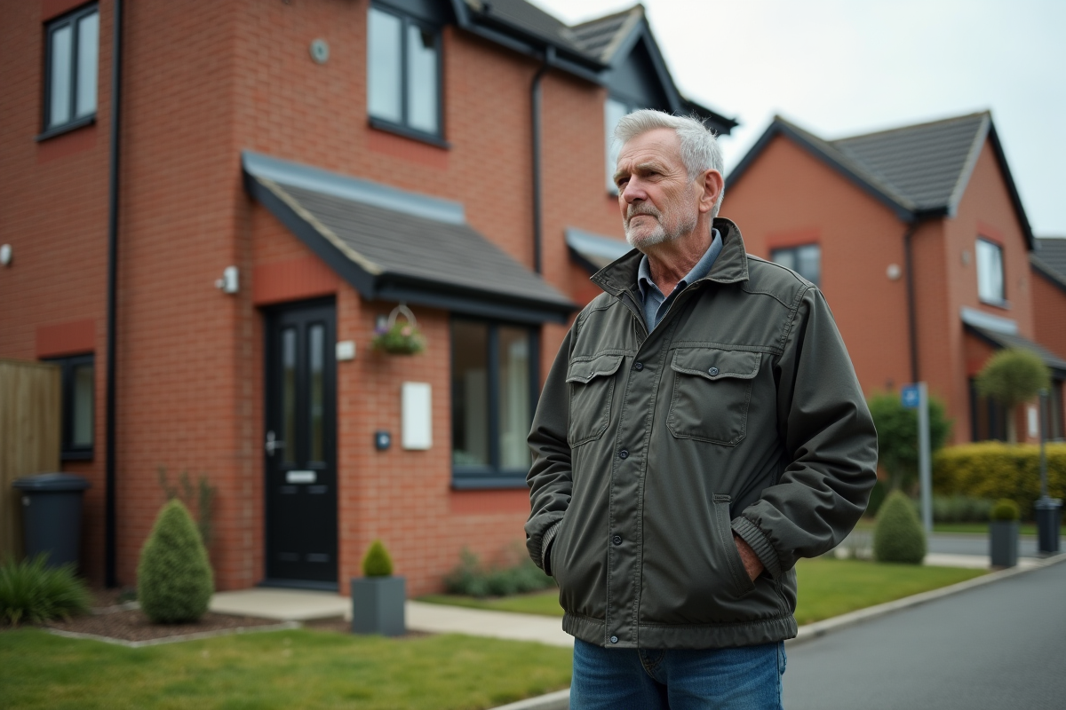 Homme devant maison à vendre dans un quartier résidentiel