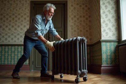 Homme d'âge moyen manipulant un radiateur ancien dans un appartement