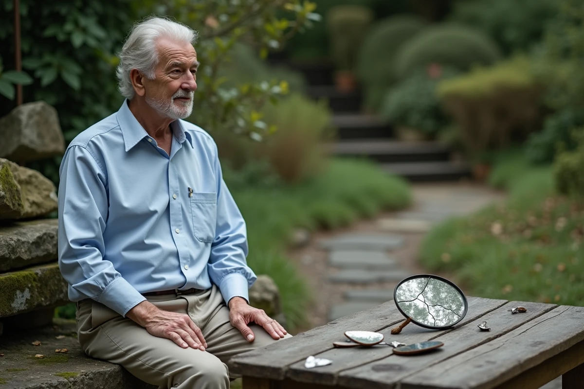 Homme âgé assis près d’un miroir brisé dans un jardin paisible
