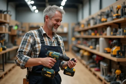Homme en salopette examine une perceuse sans fil dans un magasin de bricolage