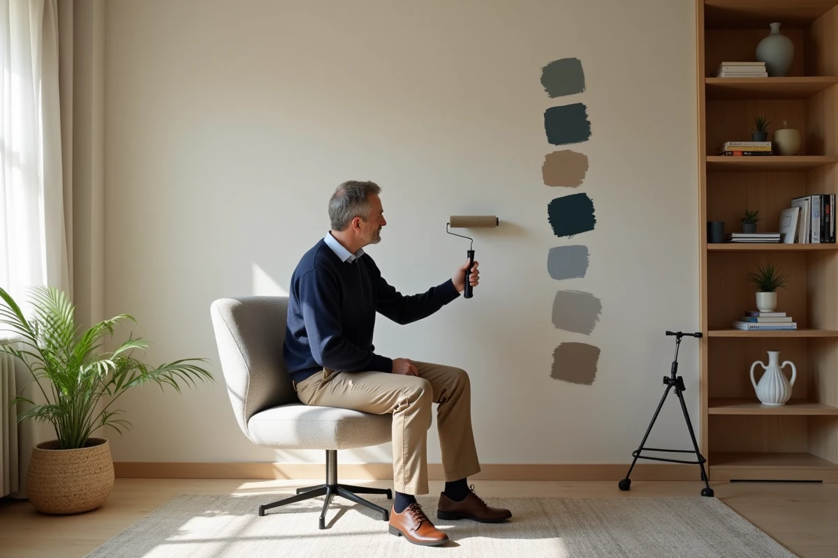Homme examinant des couleurs de peinture dans un bureau lumineux