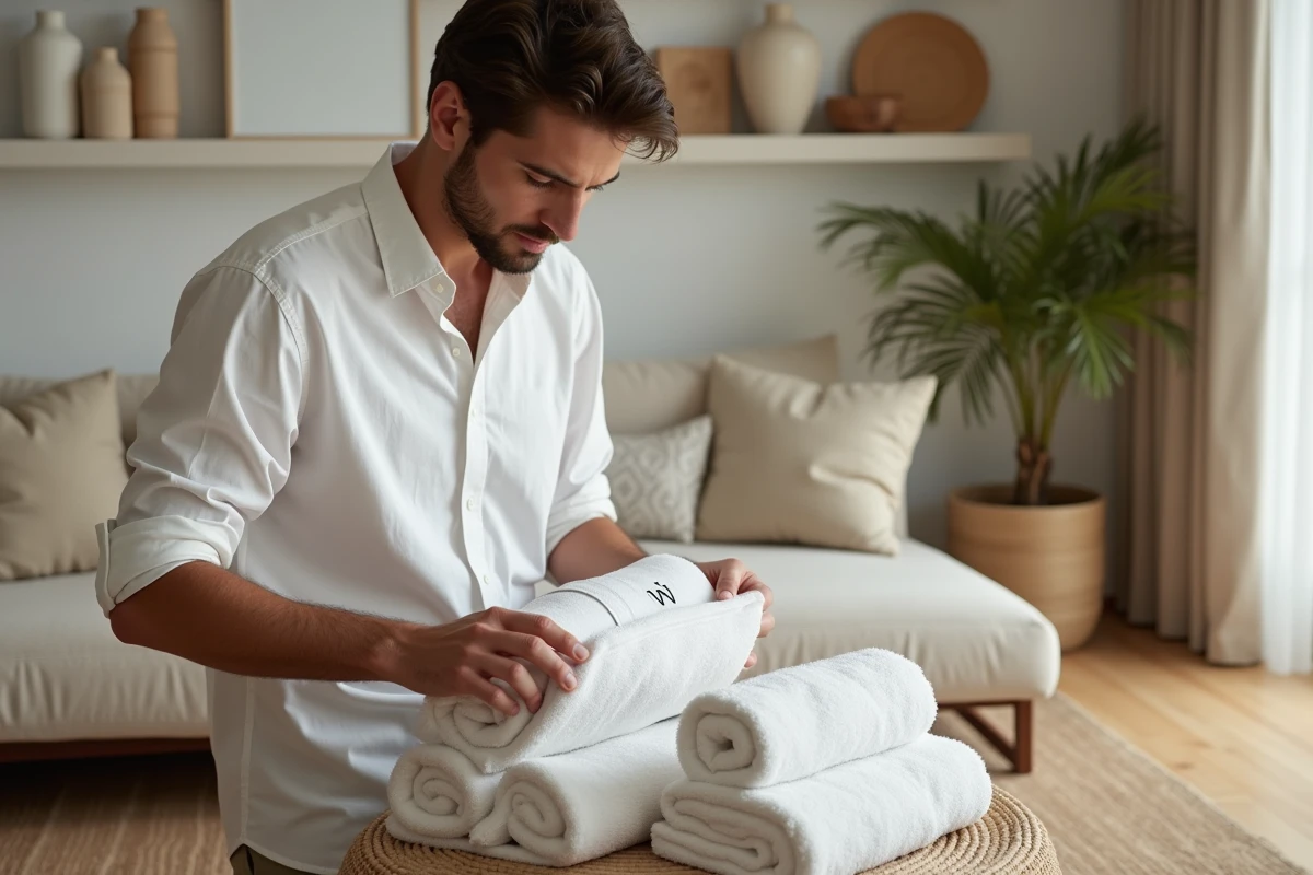 Homme pliant une serviette brodee W dans un salon cosy