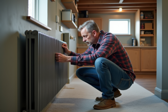 Homme inspectant un radiateur mural dans un soussol moderne
