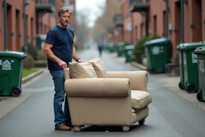 Homme en jeans poussant un canapé vers un centre de recyclage