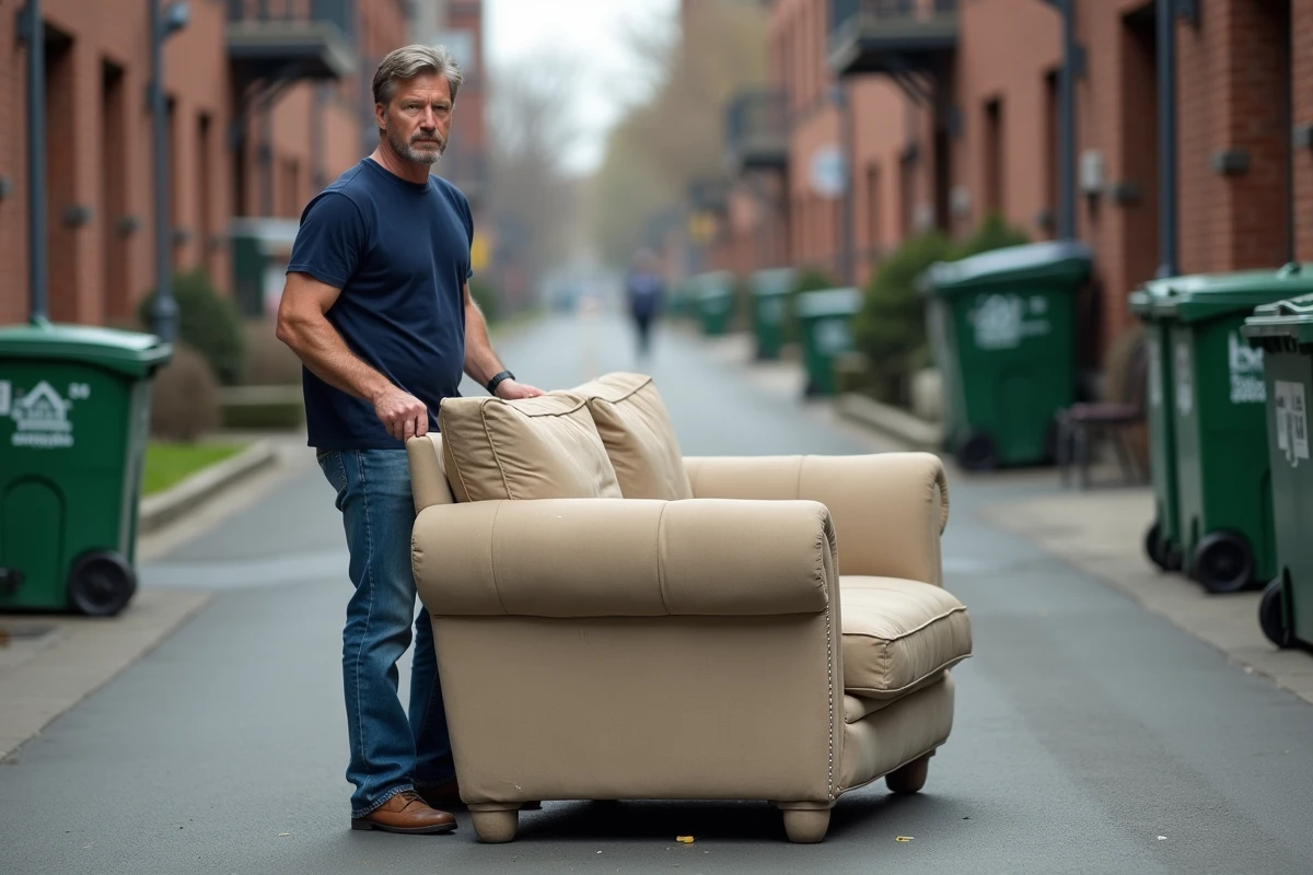 Homme en jeans poussant un canapé vers un centre de recyclage