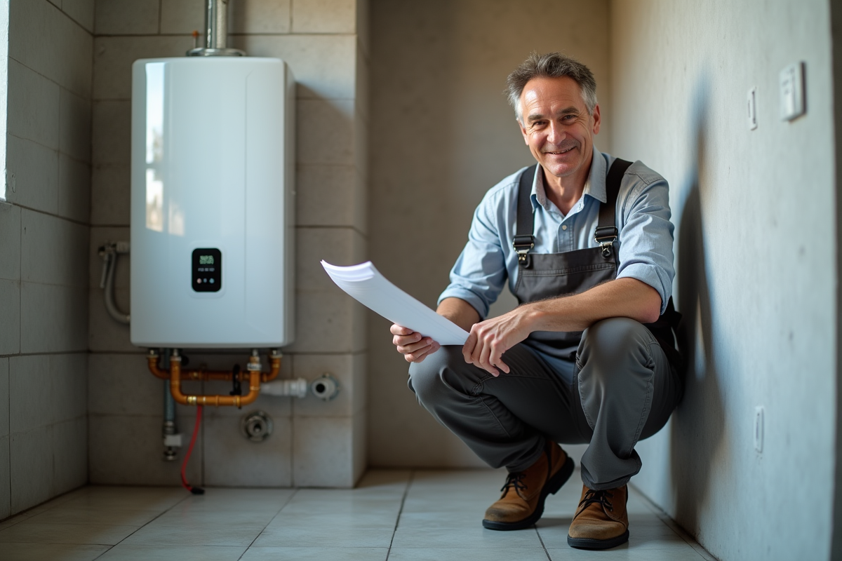 Homme en vêtements décontractés près d'une chaudière moderne