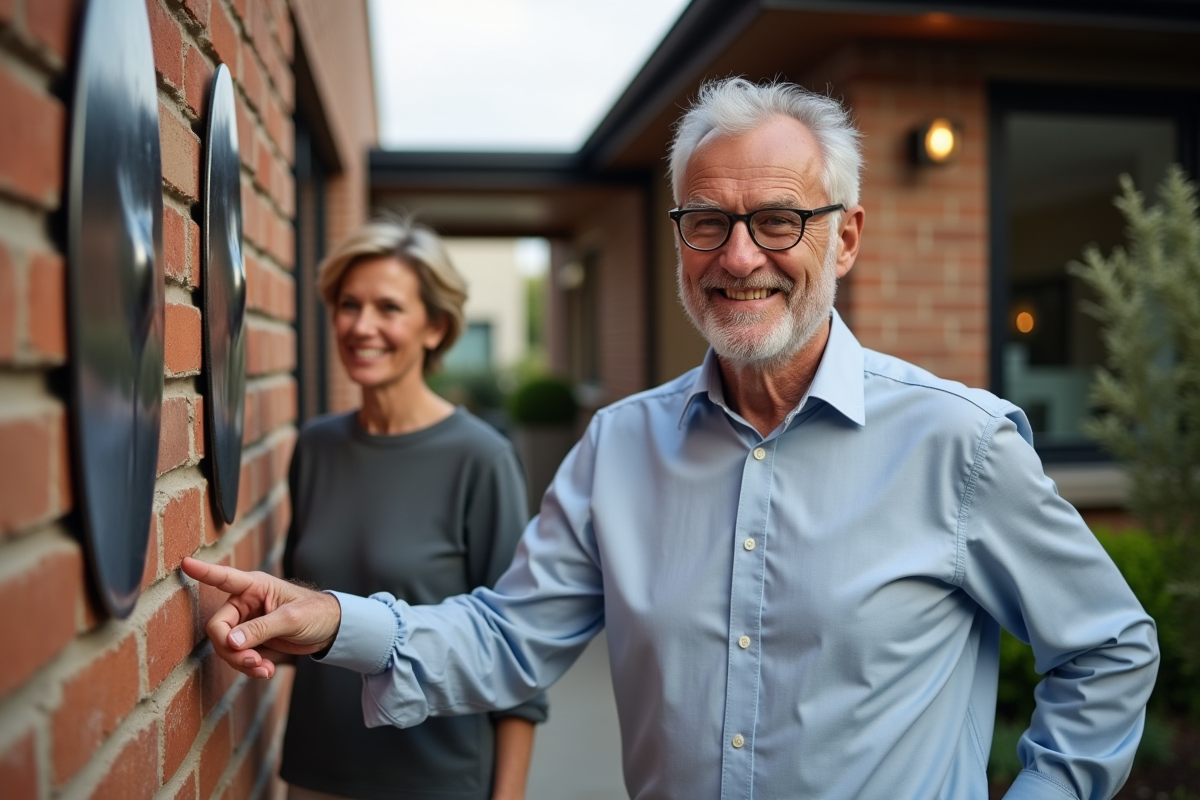 Homme souriant pointe vers sculptures murales modernes