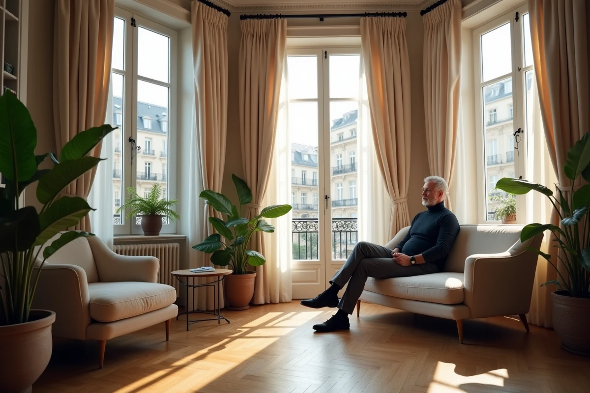 Homme mature admirant des rideaux en lin dans un salon parisien