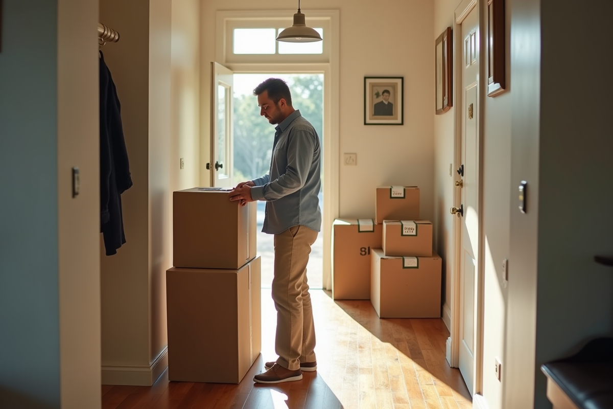 Homme scellant une boîte en carton dans un couloir lumineux