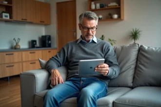Homme d'âge moyen sur un canapé moderne utilisant une tablette