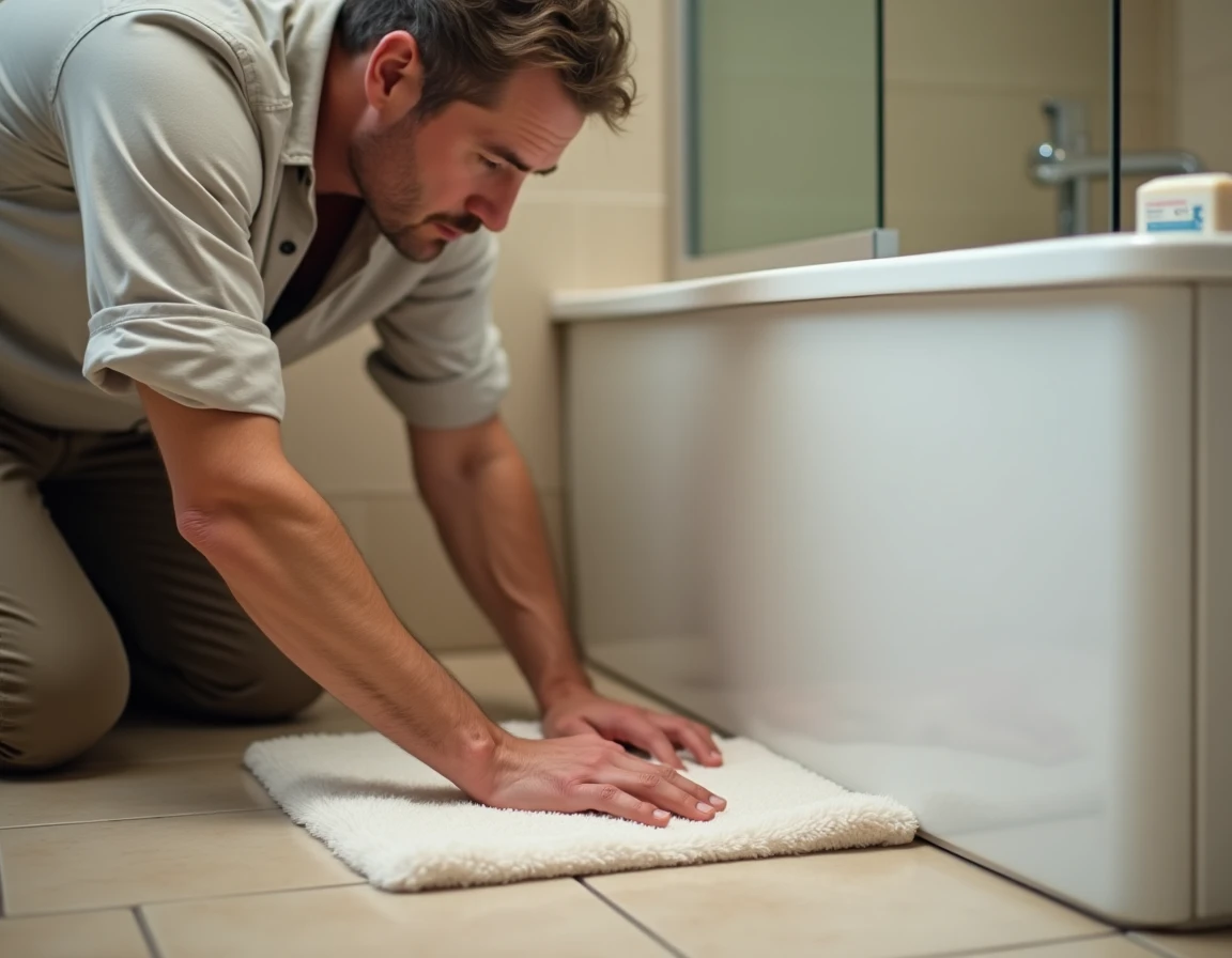 Homme testant l'adhérence d'un tapis antidérapant de bain adapté aux peaux sensibles et aux allergies