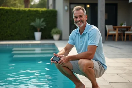 Homme testant l'eau de la piscine dans son jardin