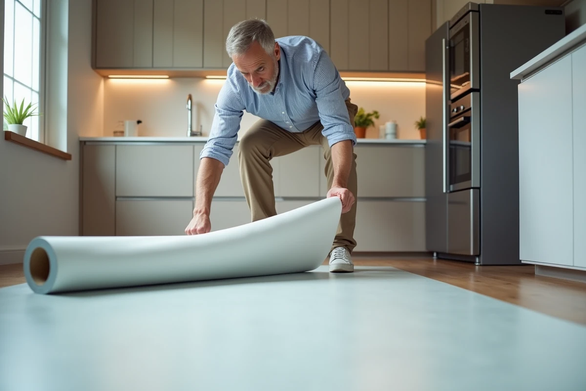 Homme posant un revêtement PVC dans une cuisine moderne