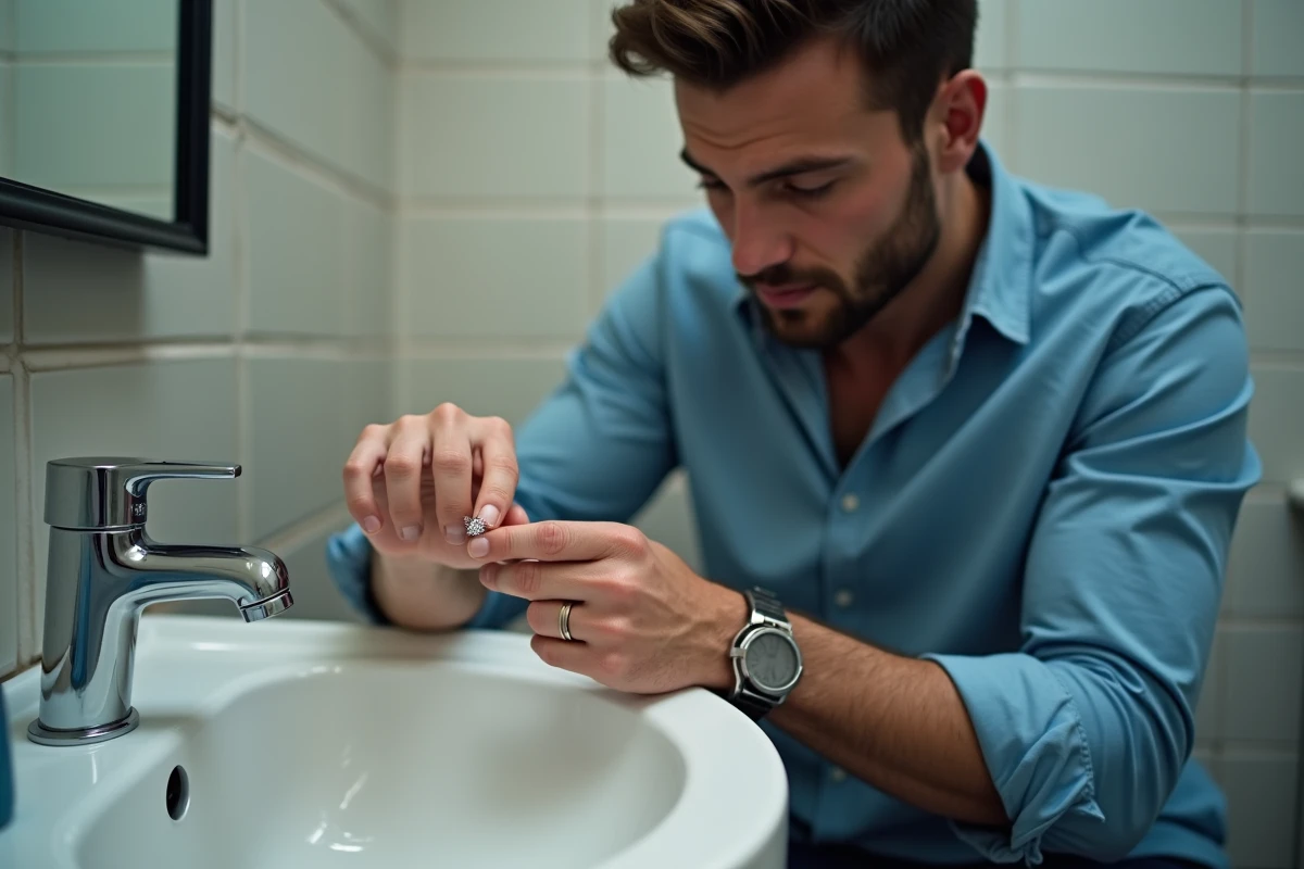Homme examinant une bague en argent au lavabo de salle de bain