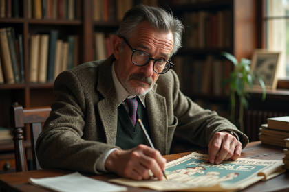 Homme d'âge moyen examinant une affiche vintage française